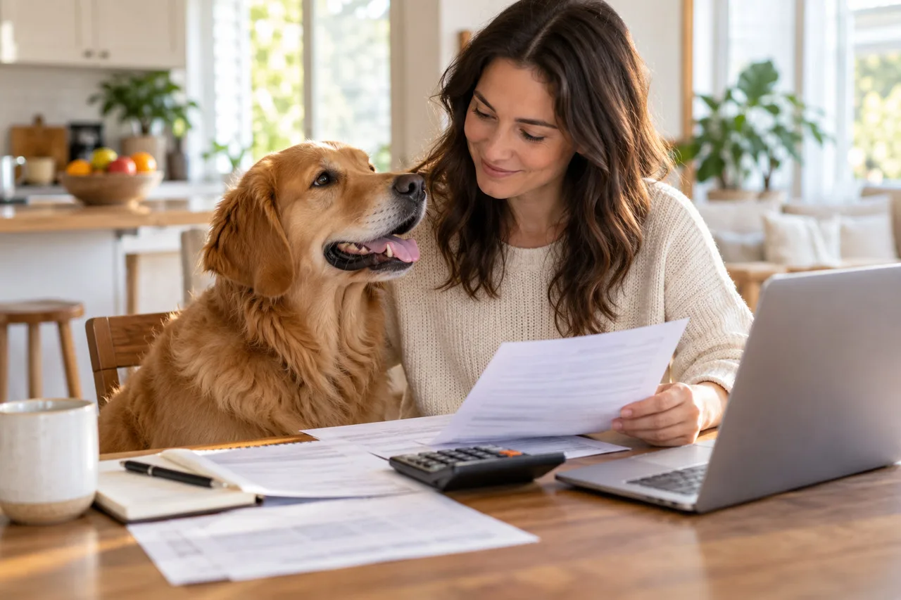 Owner reviewing papers with a dog beside her