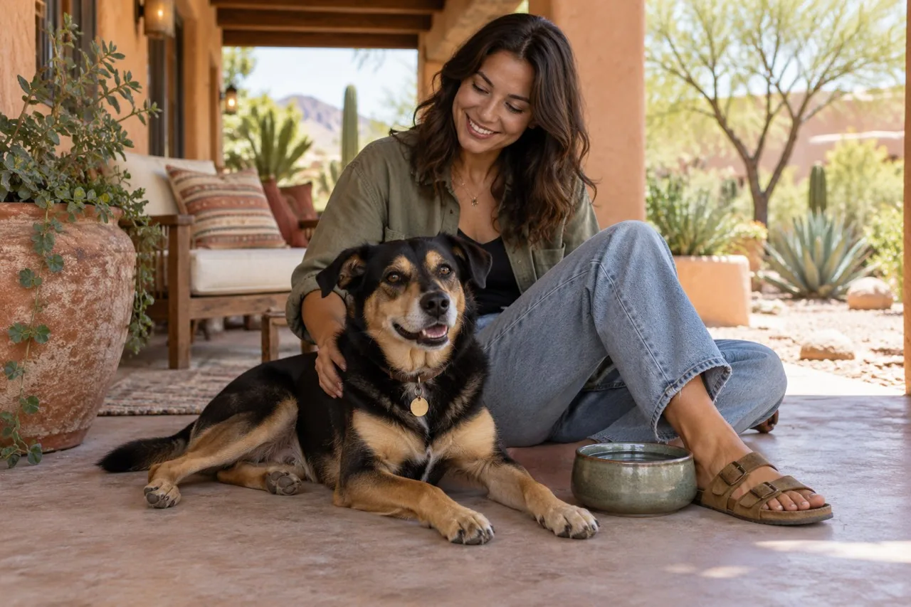 Owner sitting beside a dog on a shaded patio